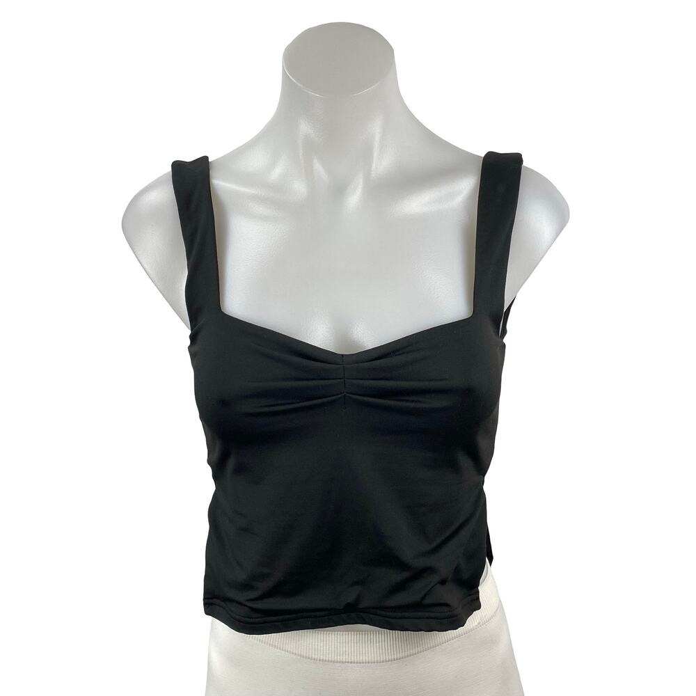Reoria Womens Black Ruched Sweetheart Neck Sleeveless Side Split Crop Tank Top S